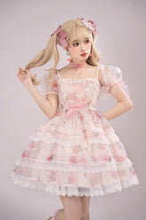 Robe Jsk Sweet Lolita à manches courtes en organza de chiffon rose à imprimé pêche à plusieurs couches